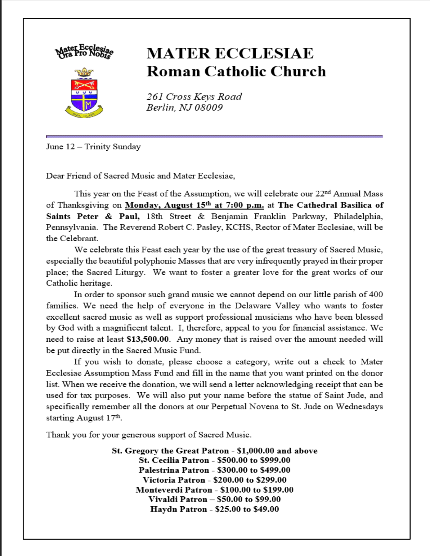 Assumption Mass, August 15, 2022 Mater Ecclesiae Roman Catholic Church